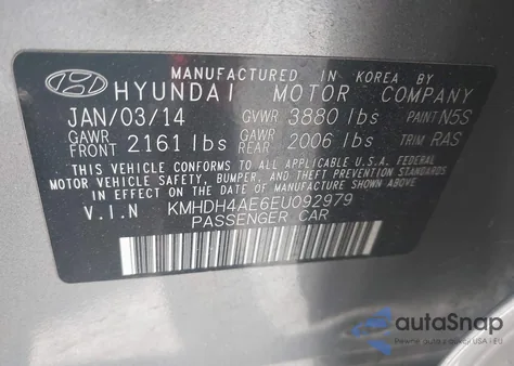 2014 Hyundai Elantra Se z USA, uszkodzony, nr VIN KMHDH4AE6EU092979